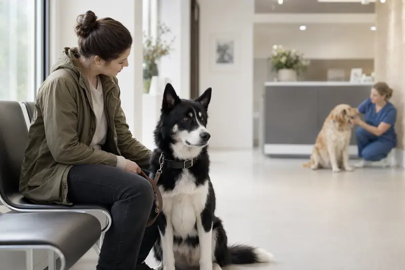 Ein Karelischer Bärenhund sitzt ruhig neben seinem Besitzer im hellen Wartezimmer einer modernen Tierarztpraxis.